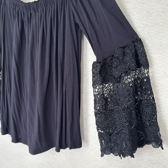 Loft Blouse Women S Navy Lace Off Shoulder Flowy Dressy Boho Fairy Goth Romantic - Picture 10 of 13